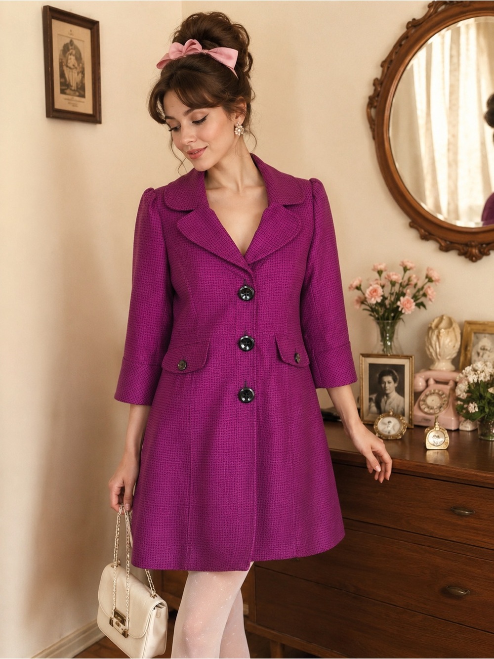 Vintage Mary Kay Purple Tweed Swing Coat 60s 70s Mod Coquette Statement Coat